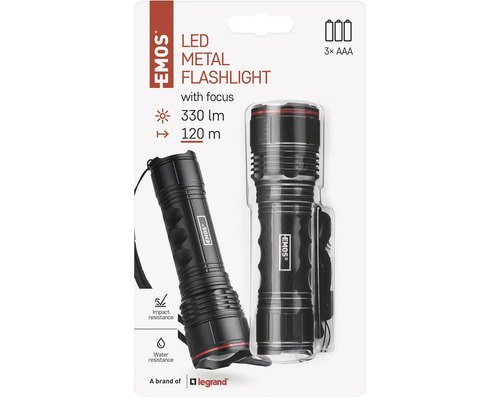 EMOS LED kovová svítilna s focusem, 330 lumenů, dosvit 120 metrů, nárazuvzdorná a voděodolná. EMOS Logo, Legrand Logo.