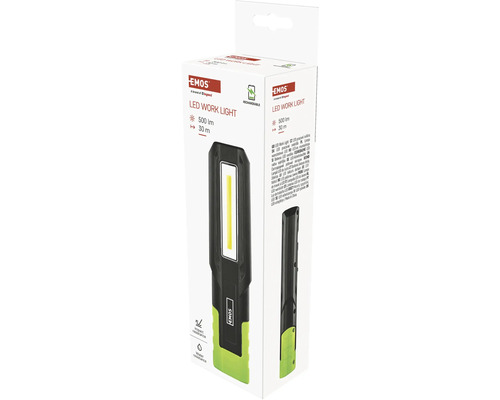 EMOS LED pracovní svítilna v prodejním obalu, 500 lumenů, dosvit 30 metrů, nabíjecí, nárazuvzdorná a voděodolná.