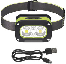Nabíjecí LED čelovka se dvěma LED diodami, nastavitelným elastickým popruhem a nabíjecím kabelem USB.