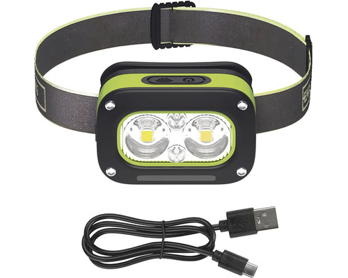 Nabíjecí LED čelovka se dvěma LED diodami, nastavitelným elastickým popruhem a nabíjecím kabelem USB.
