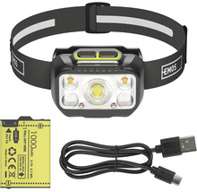 LED čelovka EMOS s baterií 1000 miliampérhodin, USB-C kabelem a nastavitelným reflexním popruhem.