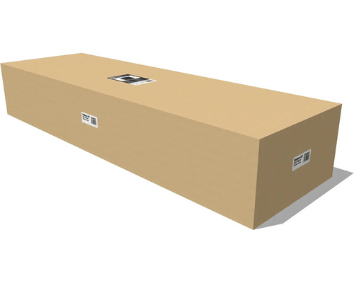 Velká kartonová krabice s etiketami pro produkt o rozměrech 225 na 198 centimetrů.