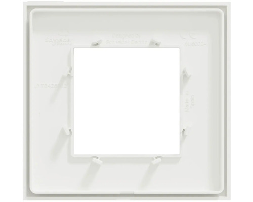 Zadní pohled na čtvercový krycí rámeček Schneider Electric z plastu pro elektroinstalaci.