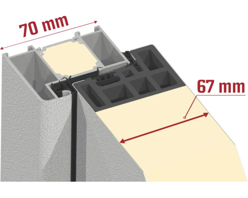 Průřez okenním nebo dveřním profilem s hloubkou rámu 70 milimetrů a tloušťkou panelu 67 milimetrů.