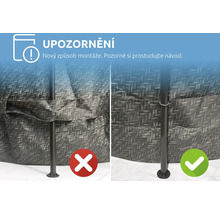 Porovnání správné a nesprávné montáže tyče bazénu. Vlevo nesprávně, vpravo správně. Upozornění na nový způsob montáže a prostudování návodu.