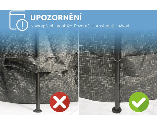 Porovnání správné a nesprávné montáže tyče bazénu. Vlevo nesprávně, vpravo správně. Upozornění na nový způsob montáže a prostudování návodu.