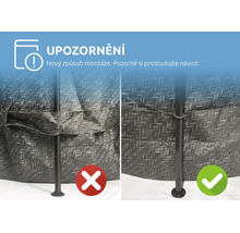 Upozornění na nový způsob montáže bazénu: porovnání správného a nesprávného upevnění podpěrných tyčí.