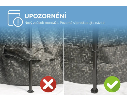 Upozornění na nový způsob montáže bazénu: porovnání správného a nesprávného upevnění podpěrných tyčí.