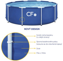 Kulatý nadzemní bazén s detaily svislé nohy, spony, sváru a pásu z fólie, CF Logo.