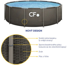 CF Logo na kulatém nadzemním bazénu s konstrukcí a ratanovým vzorem, nový design, s detailem svislé nohy, spony, sváru a pásu z fólie.