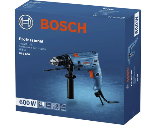 Příklepová vrtačka Bosch Professional GSB 600 v originálním balení s výkonem 600 wattů.