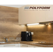Moderní kuchyně s kuchyňskou zadní stěnou a pracovní deskou v dekoru dřeva, dřezem a kávovarem. Polyform Logo.