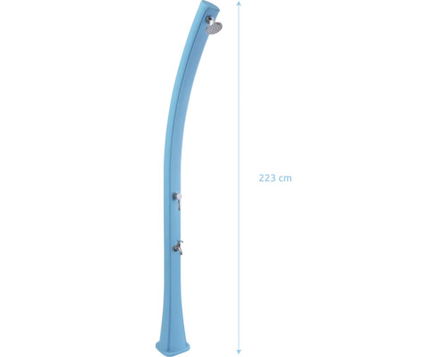 Modrá zahnutá solární sprcha s dešťovou hlavicí, pákovou baterií a kohoutkem na nohy, výška 223 centimetrů.