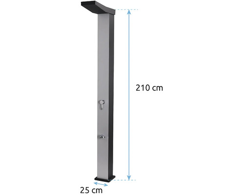 Solární sprcha o výšce 210 centimetrů a šířce 25 centimetrů se sprchovou hlavicí, pákovou baterií a kohoutkem na nohy.