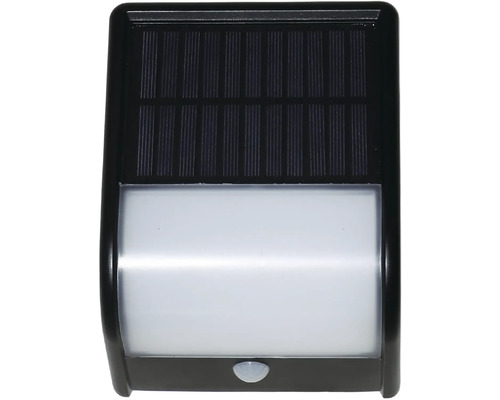 Černé solární LED nástěnné svítidlo s pohybovým senzorem pro venkovní použití.