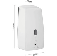 Nástěnný dávkovač mýdla z plastu s rozměry: výška 22,2 cm, šířka 11 cm a hloubka 10 cm.