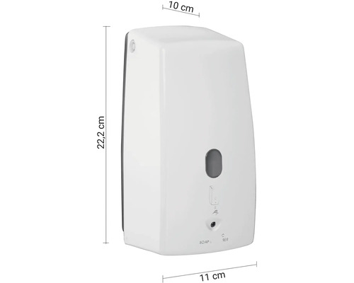 Nástěnný dávkovač mýdla z plastu s rozměry: výška 22,2 cm, šířka 11 cm a hloubka 10 cm.