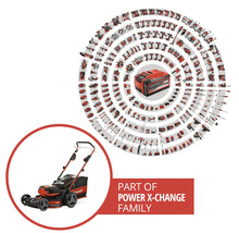 Sekačka na trávu Einhell jako součást akumulátorového systému Power X-Change s mnoha kompatibilními elektrickými nástroji a zahradní technikou.
