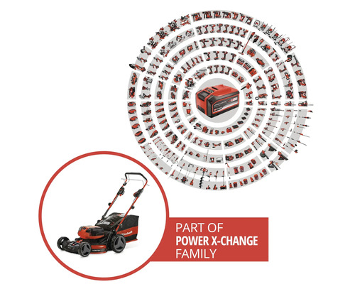 Sekačka na trávu Einhell jako součást akumulátorového systému Power X-Change s mnoha kompatibilními elektrickými nástroji a zahradní technikou.