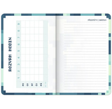 Otevřený sešit s rozvrhem hodin a linkovanou stranou pro předměty a známky v pixelovém designu.