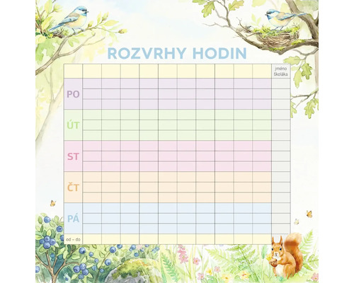 Rozvrh hodin pro školáky s ilustracemi lesa, veverky, ptáků a borůvek v akvarelovém stylu.