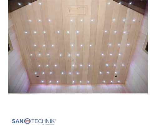 Saunový strop s LED efektem hvězdné oblohy na dřevěných panelech. Sanotechnik International Logo.
