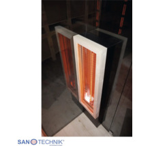 Infrazářič s dřevěným rámem a ochrannou mřížkou pro sauny a infrasauny, Sanotechnik Logo.