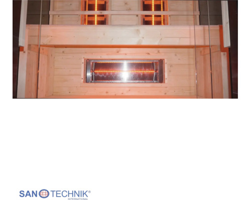 Infrasauna ze světlého dřeva se zapnutými infračervenými zářiči pod lavicí a na zadní stěně. Sanotechnik International Logo.