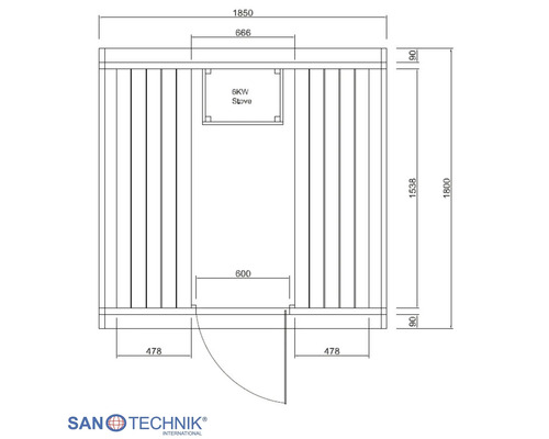 Technický nákres půdorysu sauny s kamny o výkonu 6 kilowattů a rozměry 1850 na 1800 milimetrů. Sanotechnik Logo.