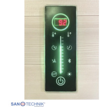 Digitální ovládací panel Sanotechnik pro saunu s ukazatelem teploty, času, světla a Bluetooth. Sanotechnik International Logo.