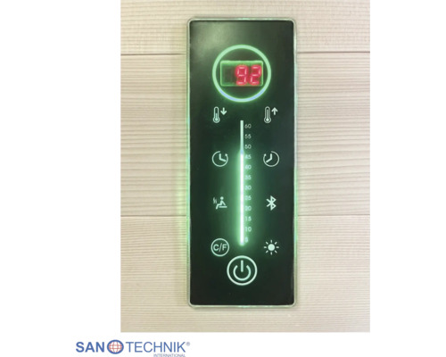 Digitální ovládací panel Sanotechnik pro saunu s ukazatelem teploty, času, světla a Bluetooth. Sanotechnik International Logo.