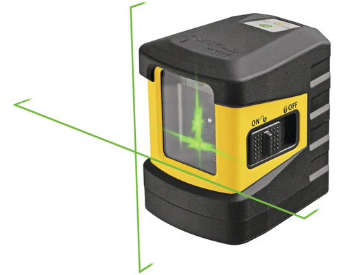 Křížový laser se zelenými laserovými liniemi, kompaktní plastový kryt ve žluté a černé barvě.