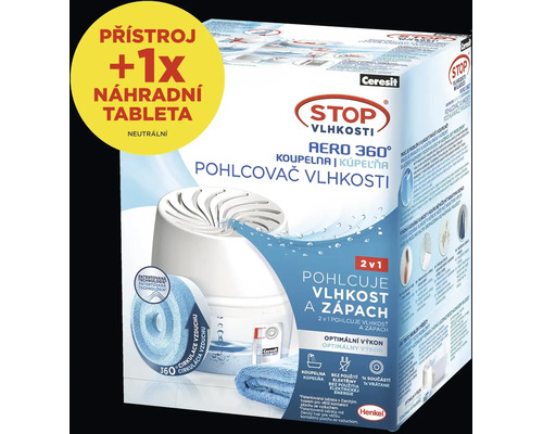 Ceresit pohlcovač vlhkosti Aero 360 Koupelna set včetně jedné náhradní tablety.
