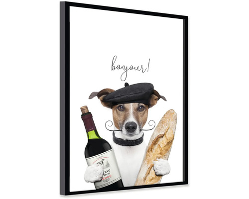 Zarámovaný obraz Jack Russell teriéra s baretem, knírem, lahví vína a bagetou a nápisem bonjour.