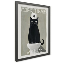 Rámovaný obraz s ilustrací černé kočky na toaletě a textem Your Butt Napkins My Dear.