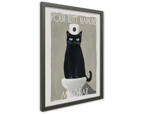 Rámovaný obraz s ilustrací černé kočky na toaletě a textem Your Butt Napkins My Dear.