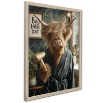 Rámovaný nástěnný obraz s náhorním skotem v kostkovaném županu držícím fén, s nápisem Bad Hair Day v pozadí.