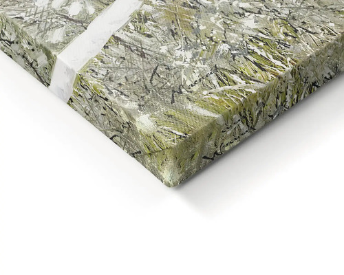 Detailní pohled na obraz na plátně, roh s napnutou látkou na dřevěném rámu, abstraktní design se strukturou štětce.