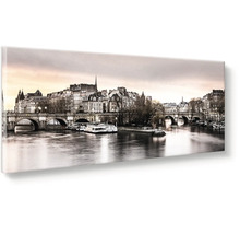 Obraz na plátně s panoramatickým výhledem na Paříž, Seinu a mosty v sépiovém provedení.
