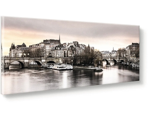 Obraz na plátně s panoramatickým výhledem na Paříž, Seinu a mosty v sépiovém provedení.
