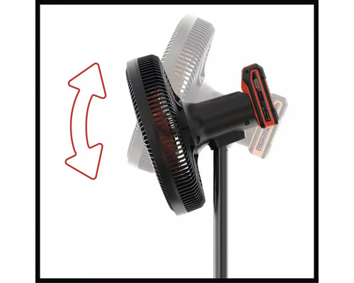 Černý akumulátorový ventilátor Einhell s naklápěcí hlavou a baterií Power X-Change.