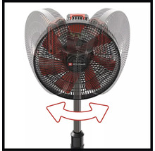 Stojanový ventilátor Einhell s oscilační hlavou, zobrazení rozsahu otáčení zleva doprava.
