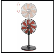 Výškově nastavitelný stojanový ventilátor Einhell s ochrannou mřížkou a kulatou základnou. Einhell Logo.