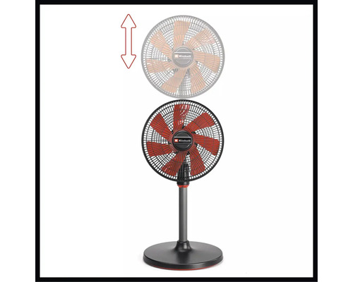 Výškově nastavitelný stojanový ventilátor Einhell s ochrannou mřížkou a kulatou základnou. Einhell Logo.
