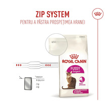 Krmivo pro kočky Royal Canin Fussy Exigent se zipovým uzávěrem pro zachování čerstvosti potravy.