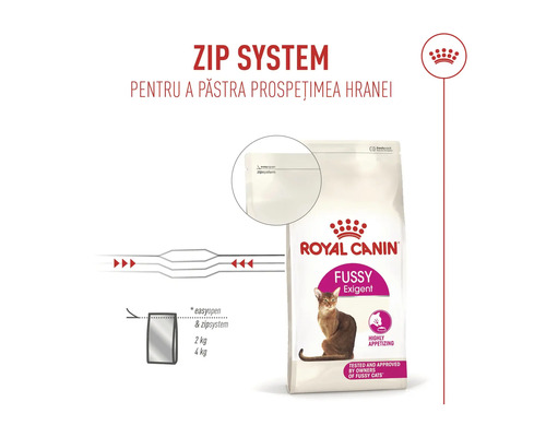 Krmivo pro kočky Royal Canin Fussy Exigent se zipovým uzávěrem pro zachování čerstvosti potravy.