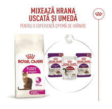 Royal Canin Logo, kombinace granulí Fussy Exigent a mokrého krmiva Sensory a Instinctive pro kočky.