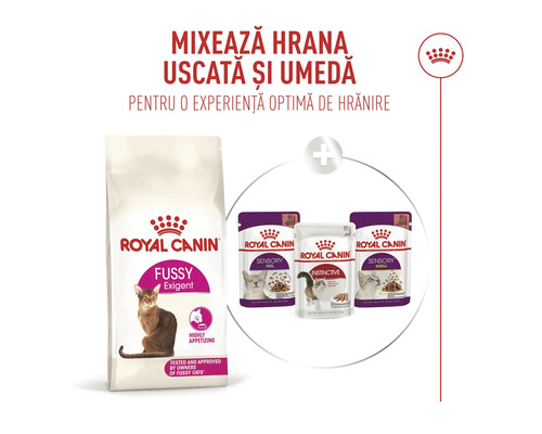 Royal Canin Logo, kombinace granulí Fussy Exigent a mokrého krmiva Sensory a Instinctive pro kočky.
