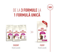 Royal Canin Logo a infografika ukazující přechod ze tří variant suchého krmiva Exigent na jednu novou recepturu Fussy Exigent.