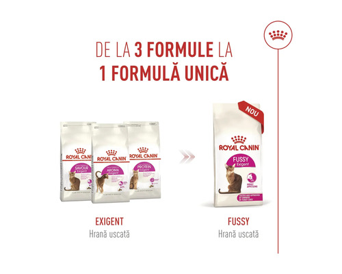 Royal Canin Logo a infografika ukazující přechod ze tří variant suchého krmiva Exigent na jednu novou recepturu Fussy Exigent.